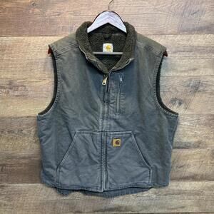 Vintage Carhartt Vest Mens Large Sherpa Lined Canvas Duck Work Zip Gray V33GVL